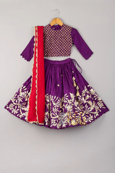 Purple Gota Lehenga with Purple Embroidered Blouse & Red Silk Dupatta