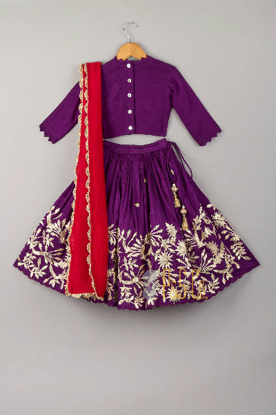 Purple Gota Lehenga with Purple Embroidered Blouse & Red Silk Dupatta