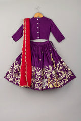Purple Gota Lehenga with Purple Embroidered Blouse & Red Silk Dupatta