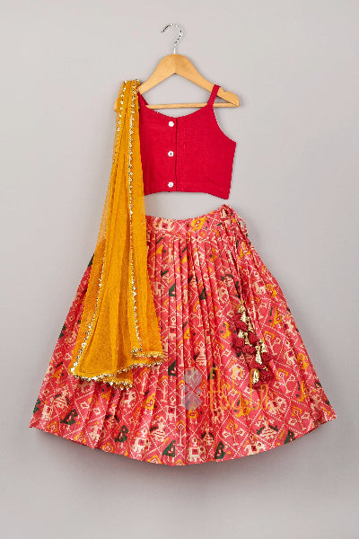 Lotus Embroidered Top With Patola Print Lehenga And Dupatta