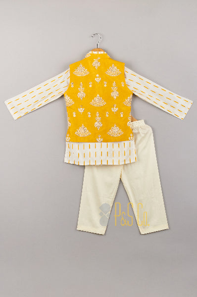 Threadwork & Sequence Jacket with Printed Kurta & Pyjama
