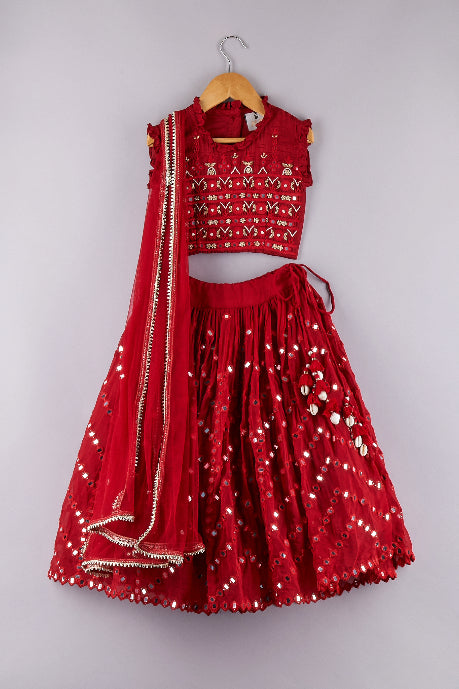 Gorgeous Beaded Top And Faux Mirror Work Organza Lehenga With Dupatta