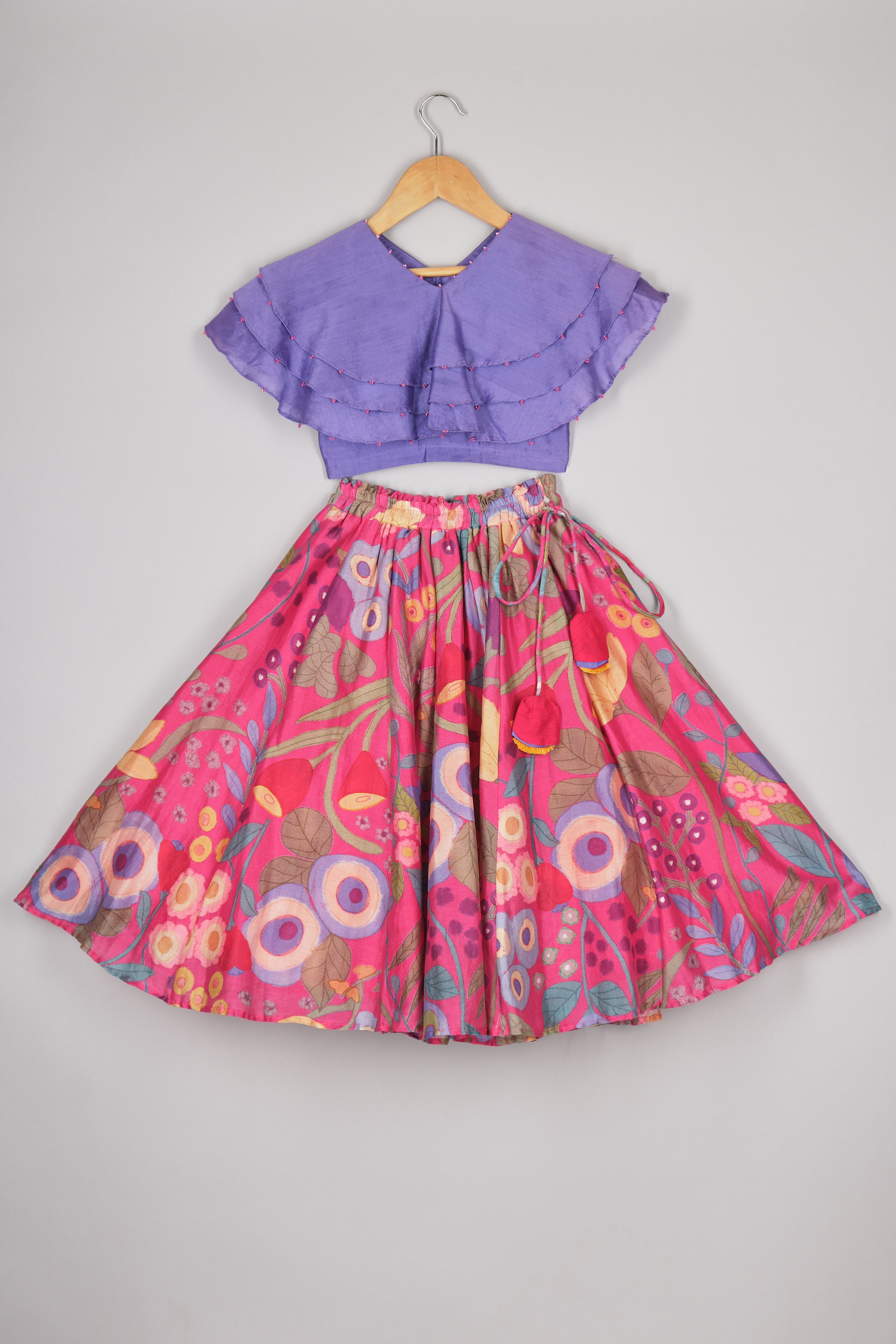 Lavender Ruffle top and Printed Ghagara