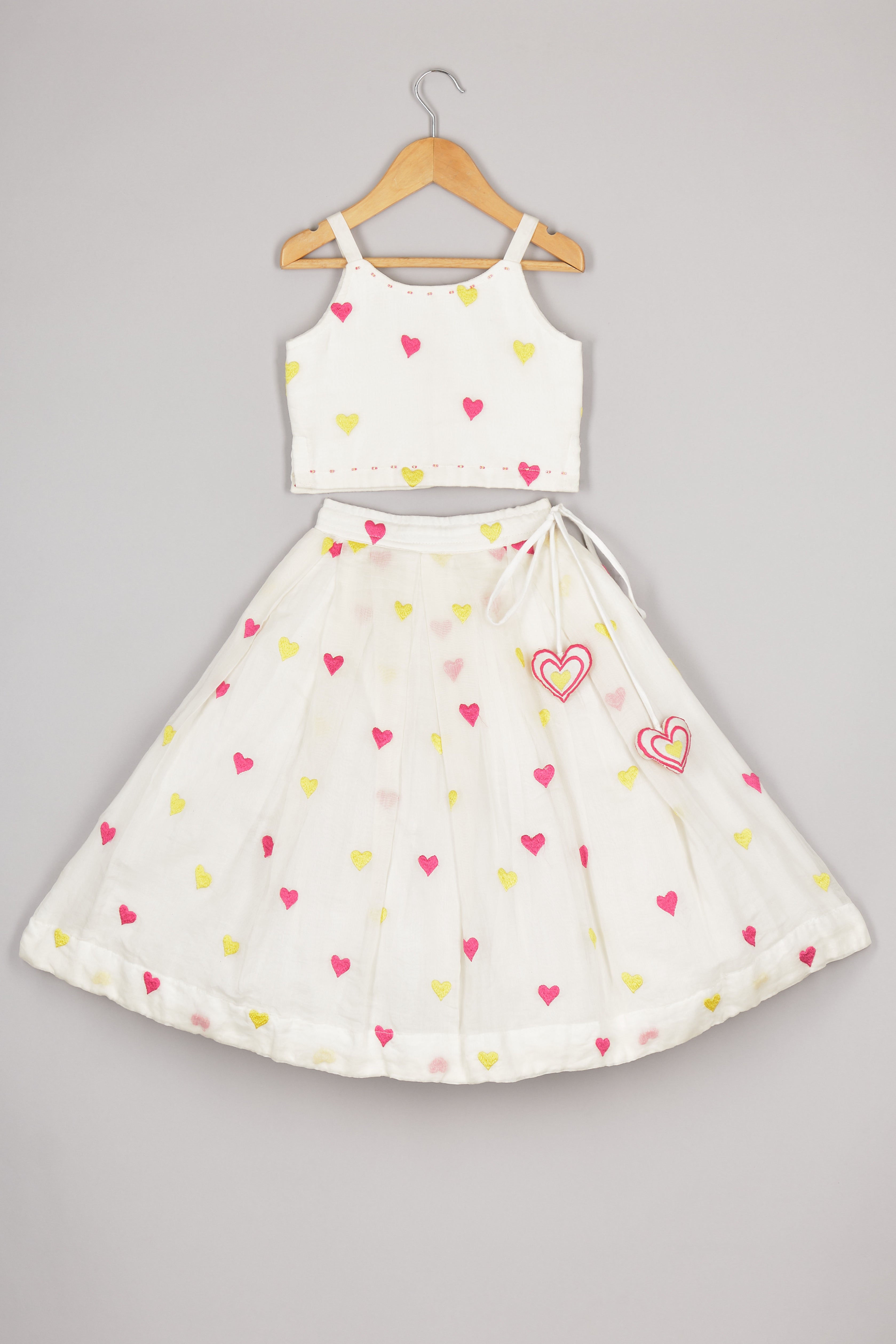 Fuschia Pink and Yellow Hearts Embroidered Off White Chanderi Top and Ghagara