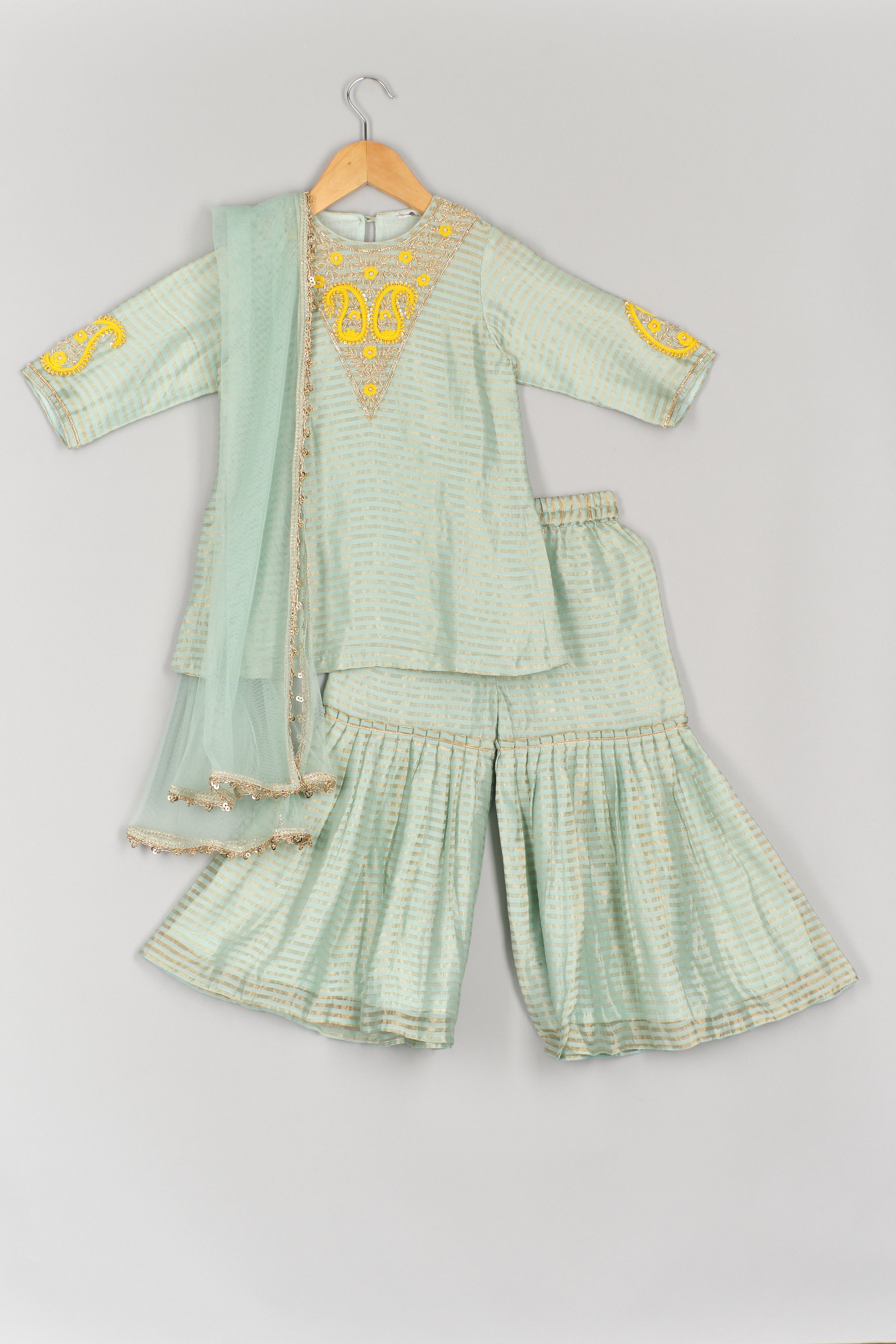 Mint Thread and Zari Embroidered Kurta And Sharara With Dupatta
