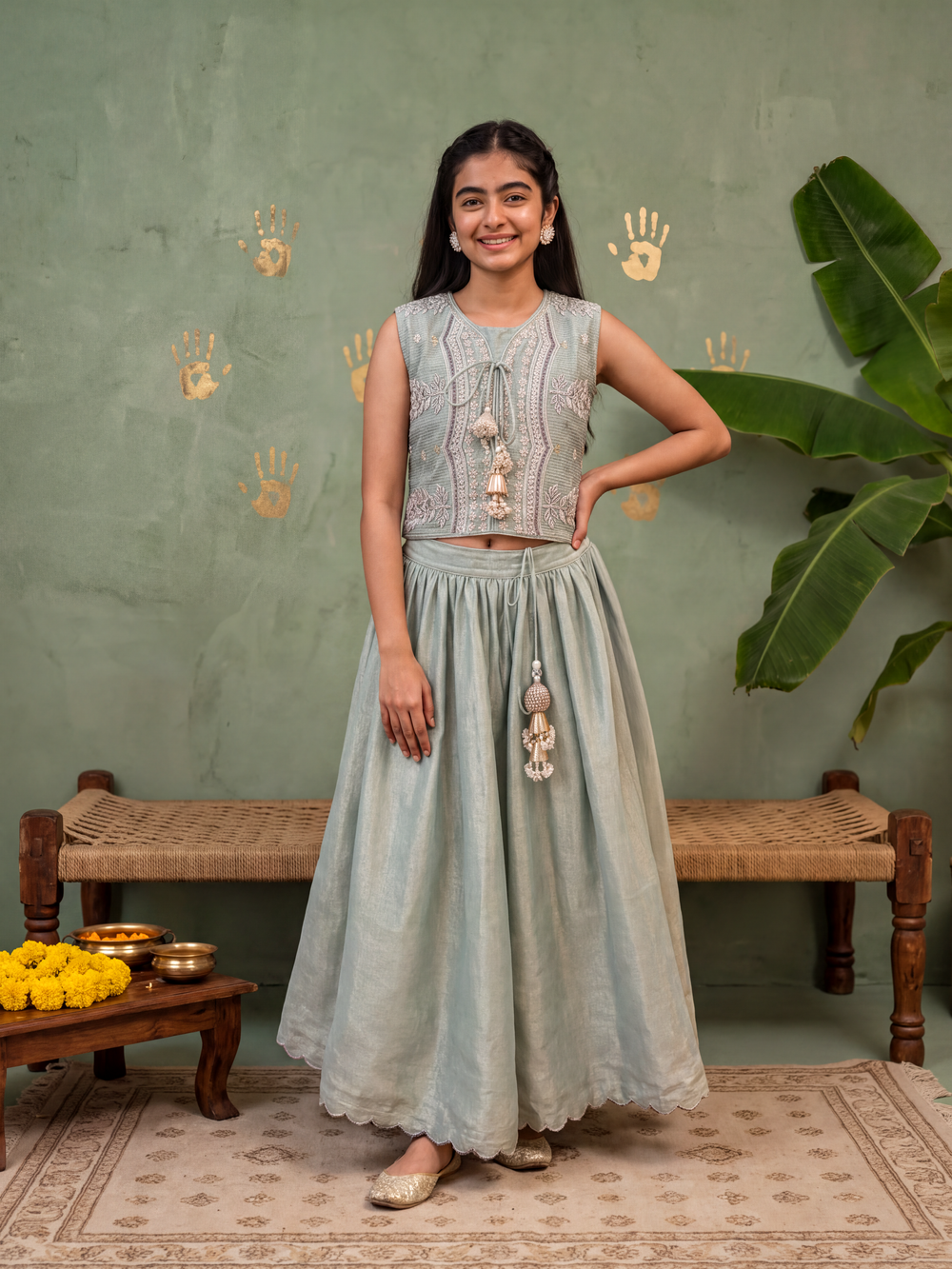 Sage green Tissue Lehenga Teen