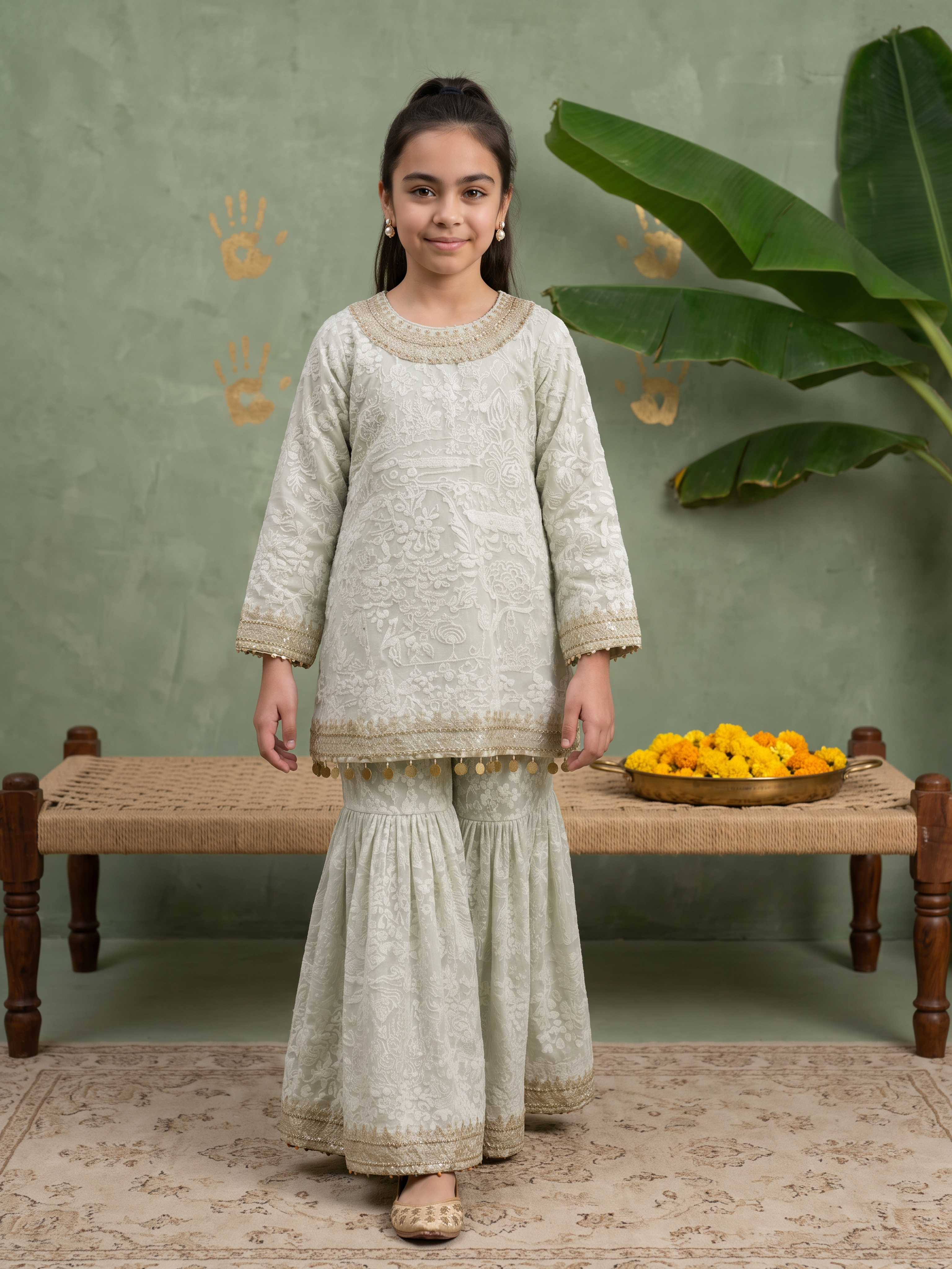 Baby Mint Green Lakhnavi Kurta Set