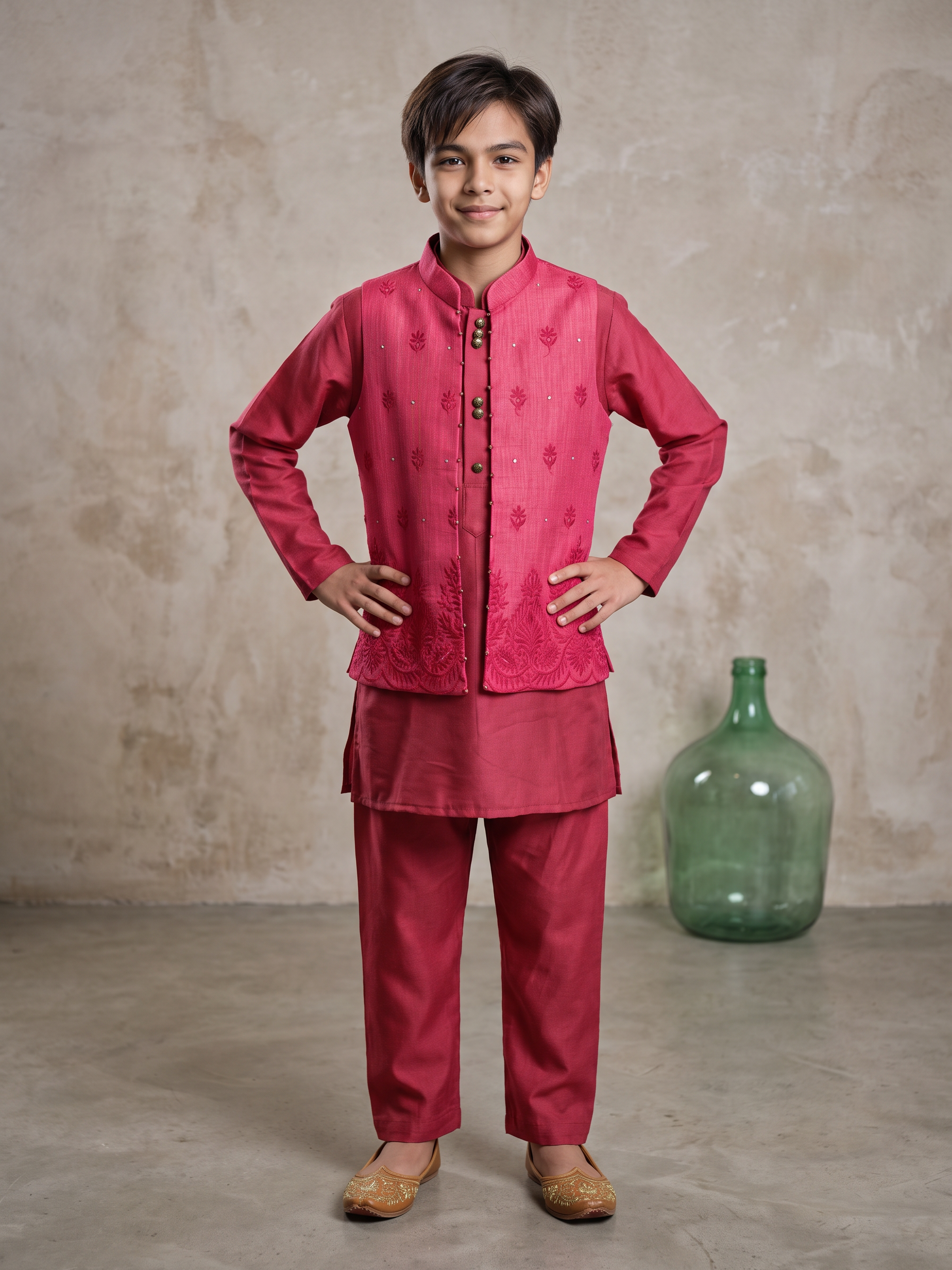 Teen Red Lakhnavi Nehru Jacket Set