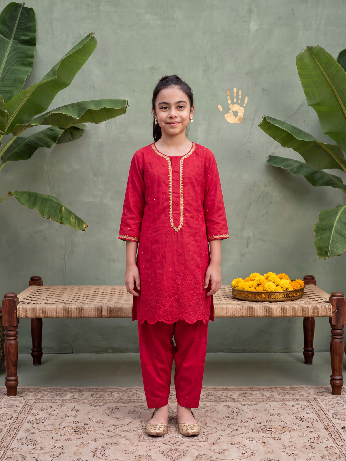 Teen Red Lakhnavi Kurta and Cowl Pants