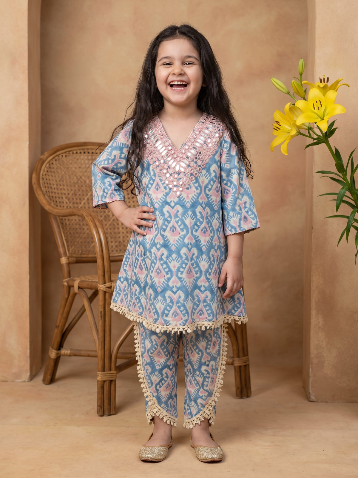 Kiyara Blue Printed Mirror Kurta & Dhoti Pant