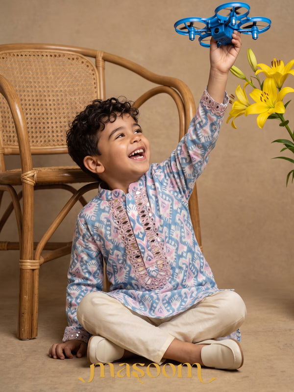 KaVeer Blue Printed Mirror Kurta Set