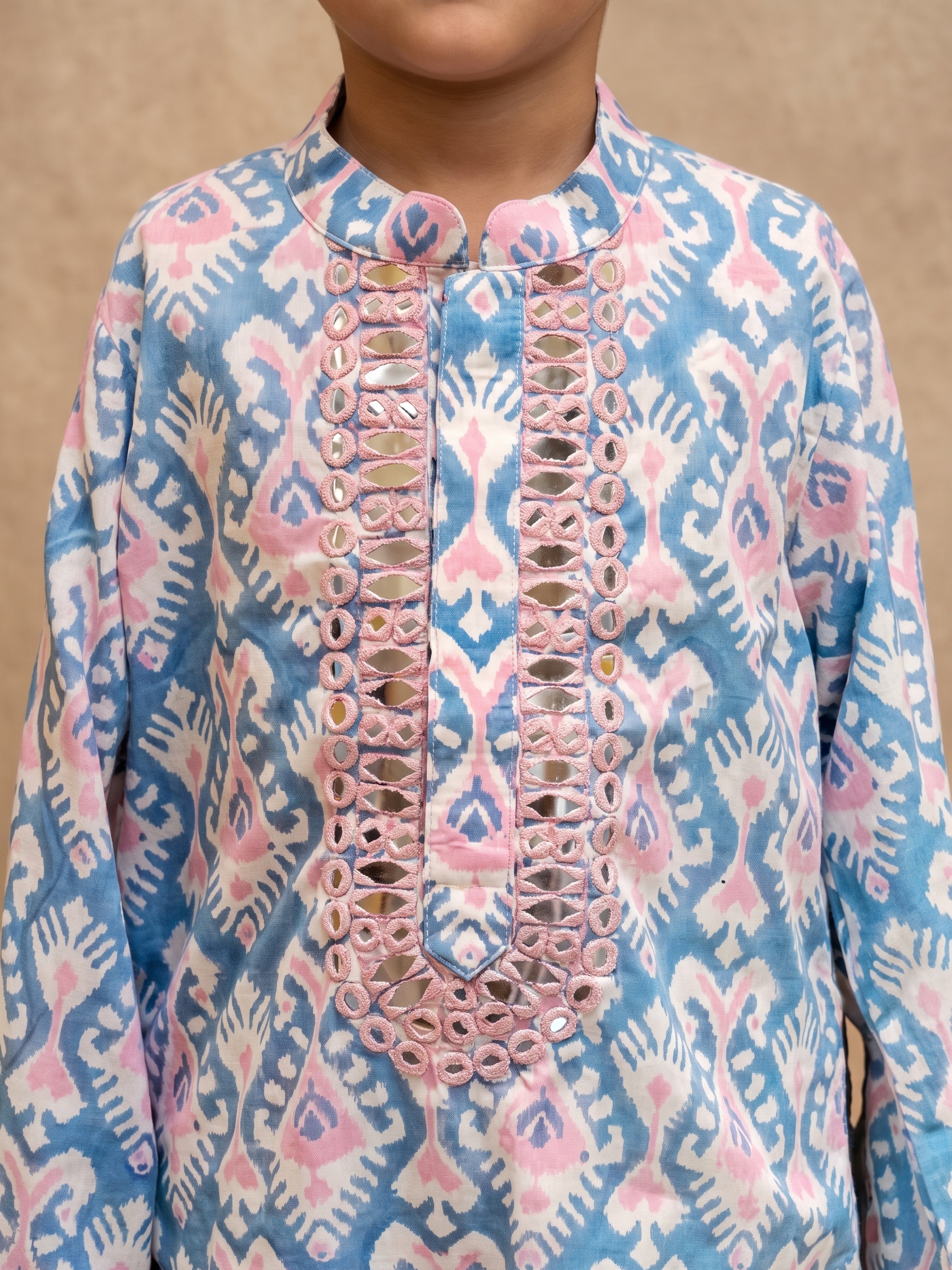 KaVeer Blue Printed Mirror Kurta Set