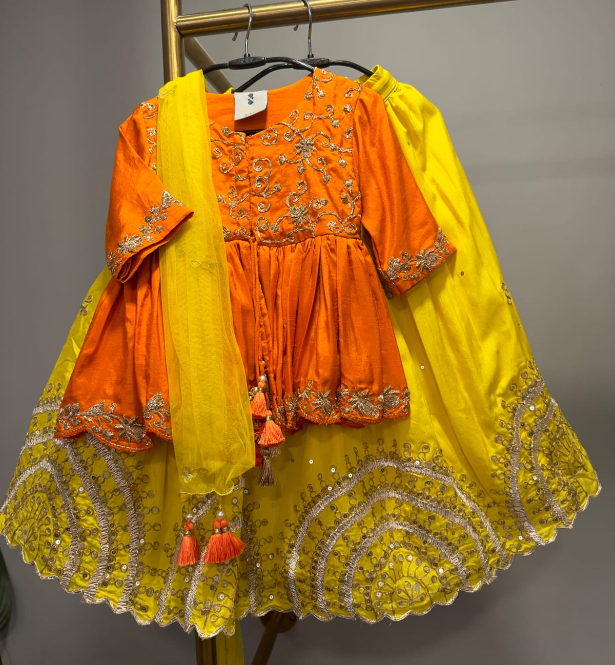 Orange And Yellow Contrasting Surajmukhi Peplum And Ghagara Set With Dupatta