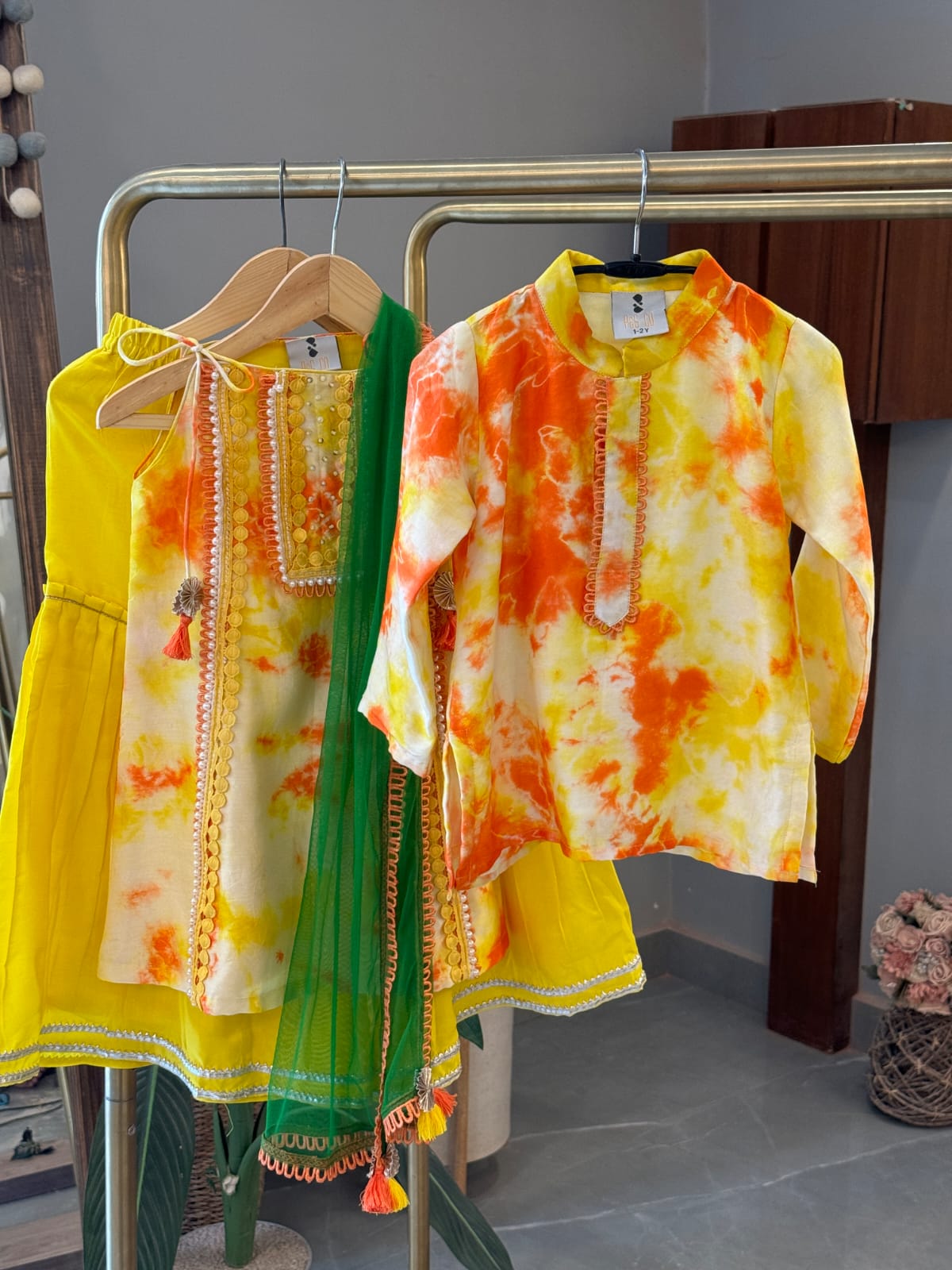 Yellow Tie Dye Girls Kurta And Sharara With Dupatta