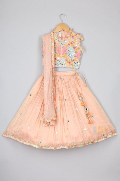 Faux Mirror And Floral Thread Embroidered Top And Lehenga With Net Dupatta