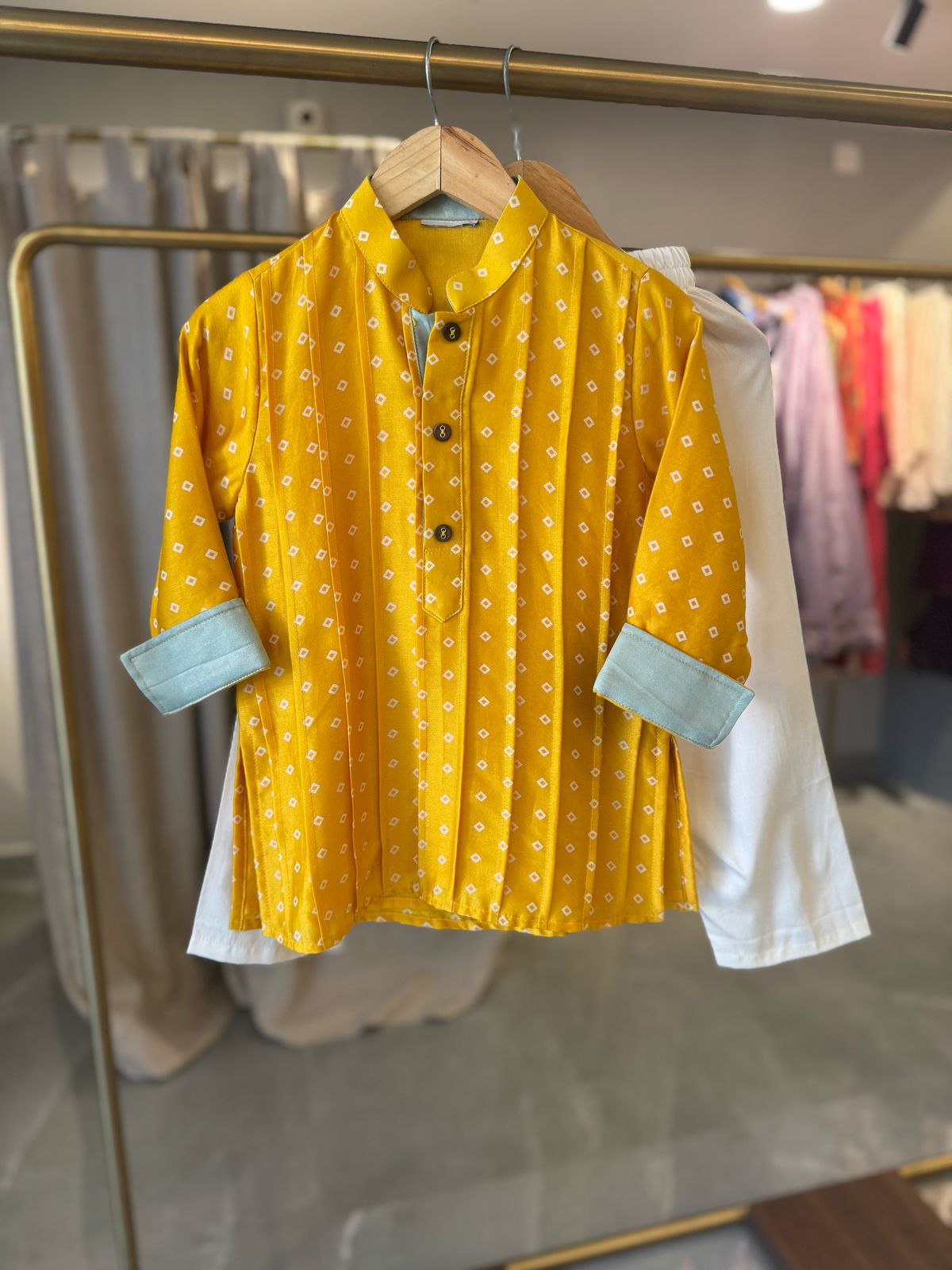 Mustard Pintuck Detailed Chanderi Kurta And Pyjama