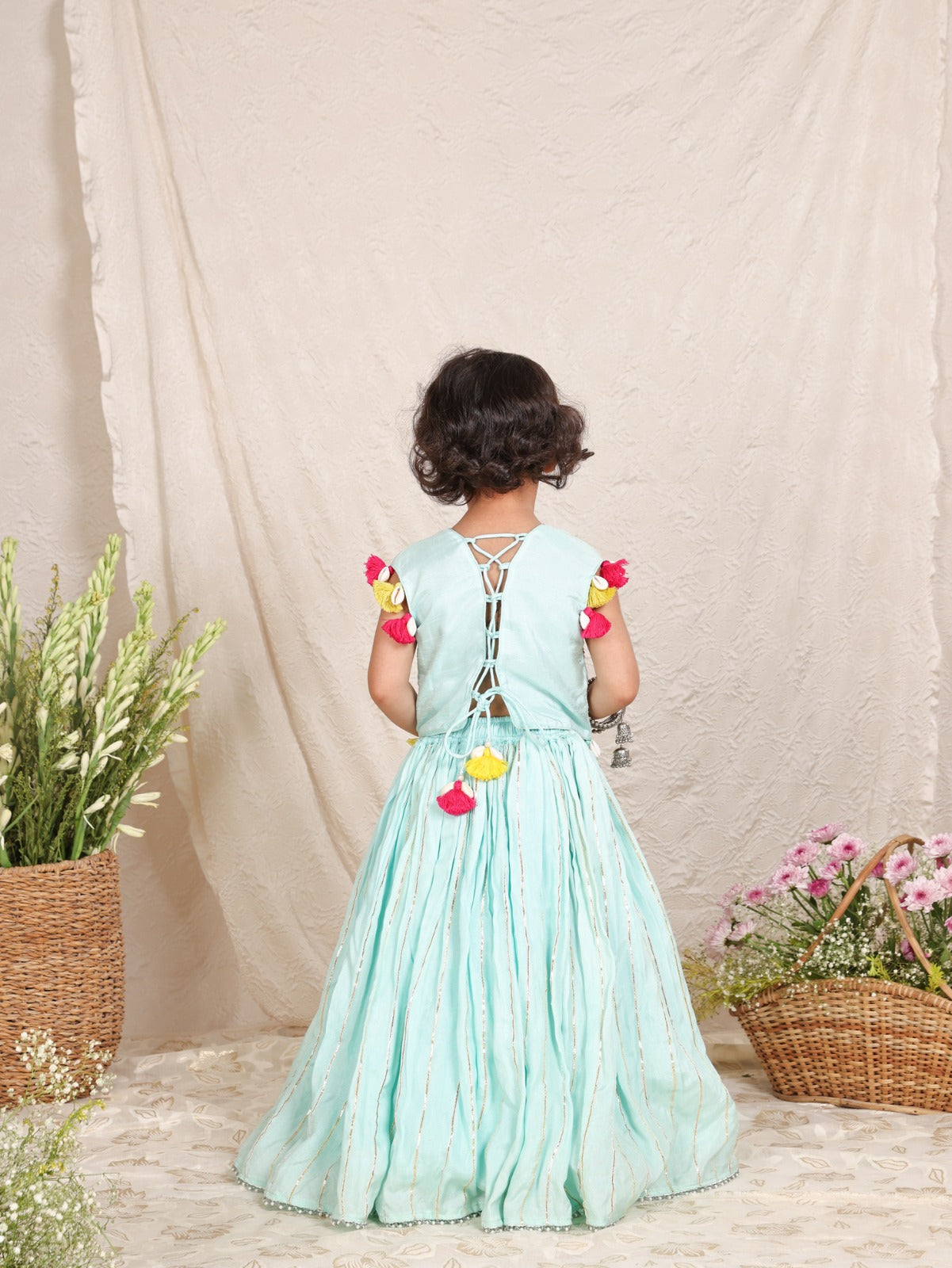 Multicolour Thread Giraffe Embroidered Blue Blouse and Gota Line Ghagara