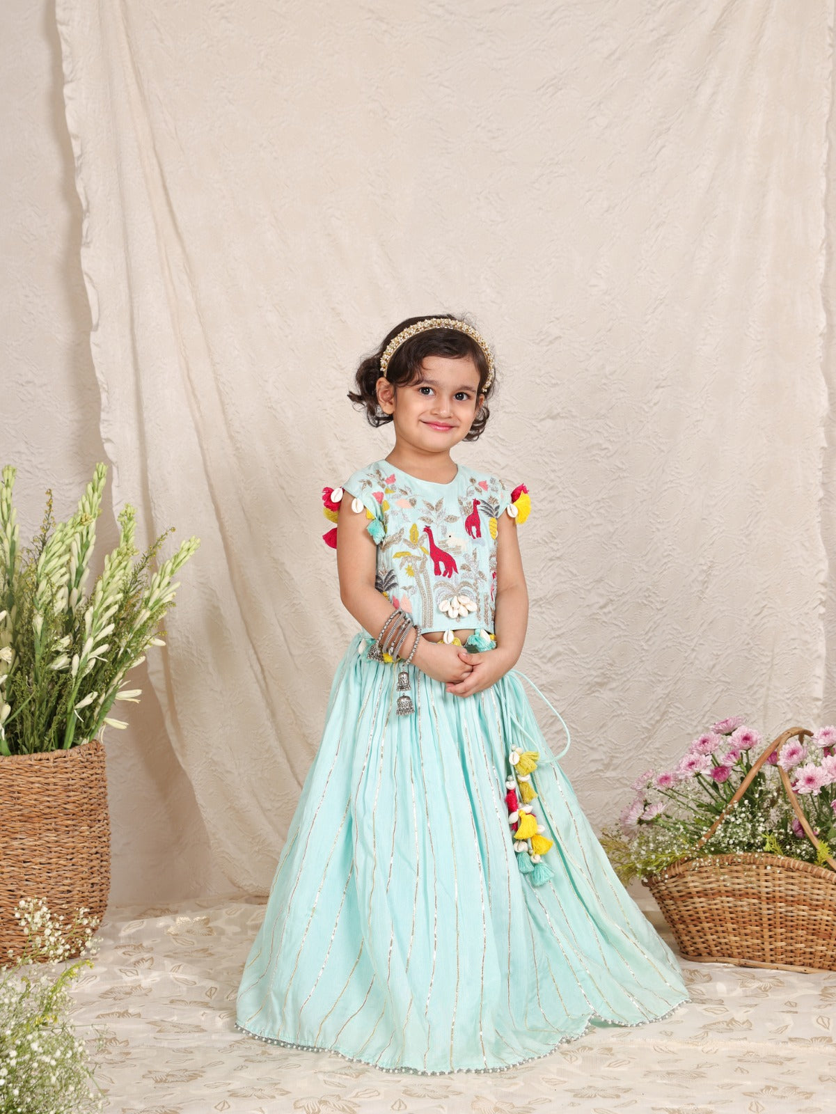 Multicolour Thread Giraffe Embroidered Blue Blouse and Gota Line Ghagara