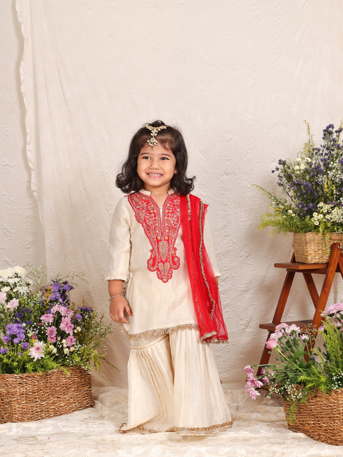Off White Zari Line Kurta With Red Zari Embroidery and Sharara