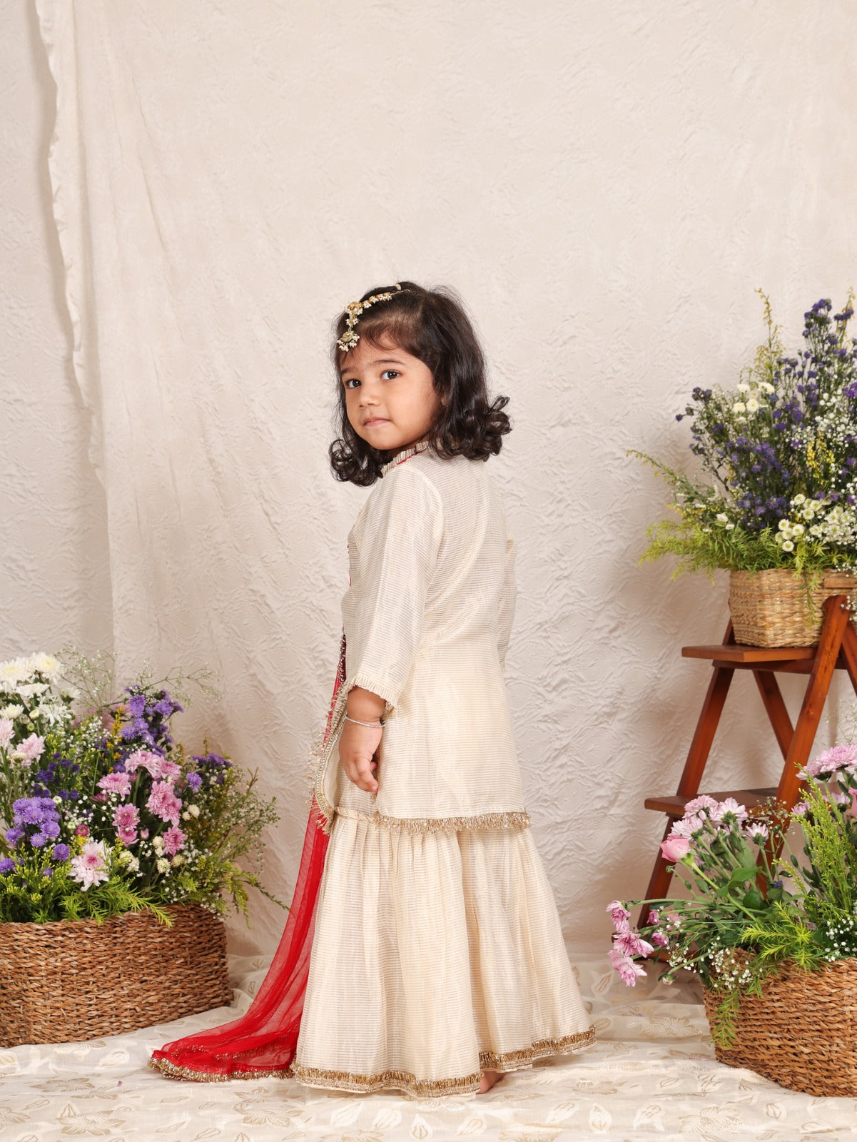 Off White Zari Line Kurta With Red Zari Embroidery and Sharara