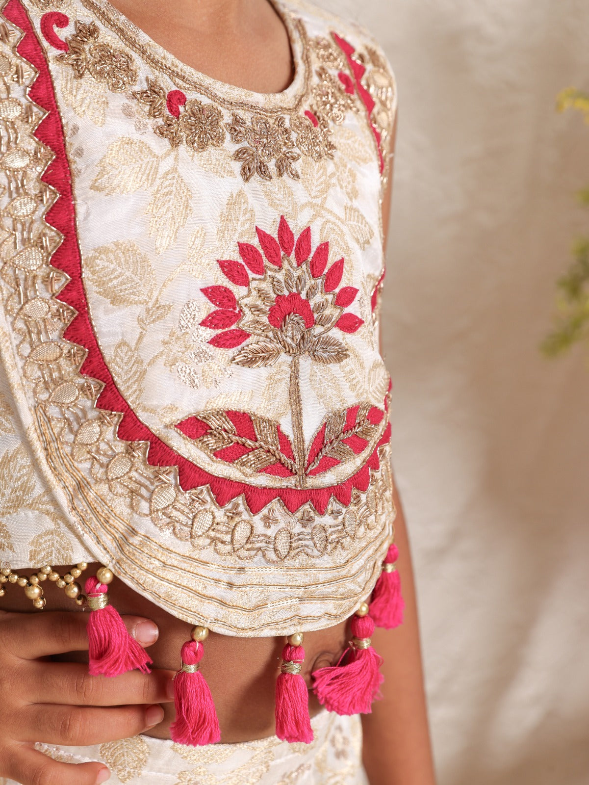 Thread And Zari Embroidered Off White Brocade Top And Flare Pant