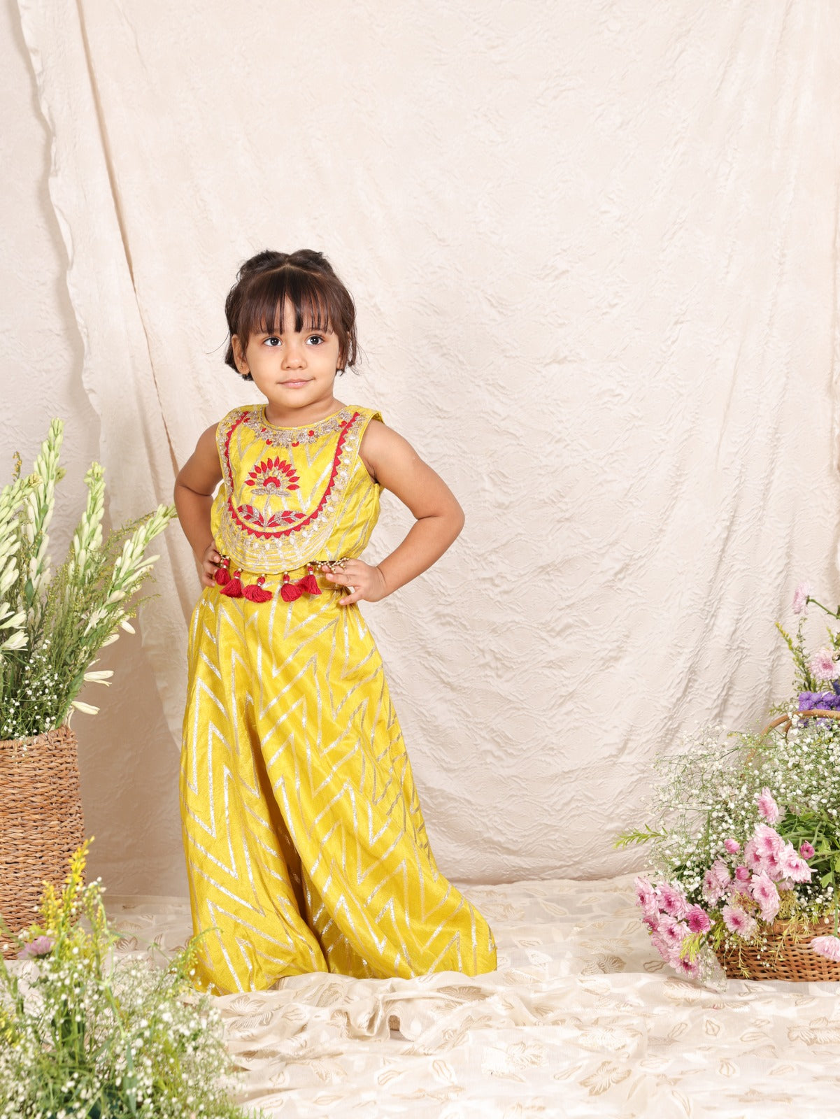 Thread And Zari Embroidered Lime Green Top And Flare Pant