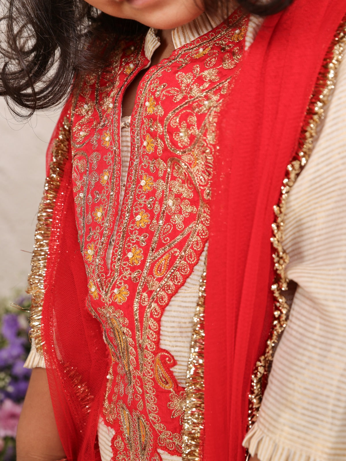 Off White Zari Line Kurta With Red Zari Embroidery and Sharara