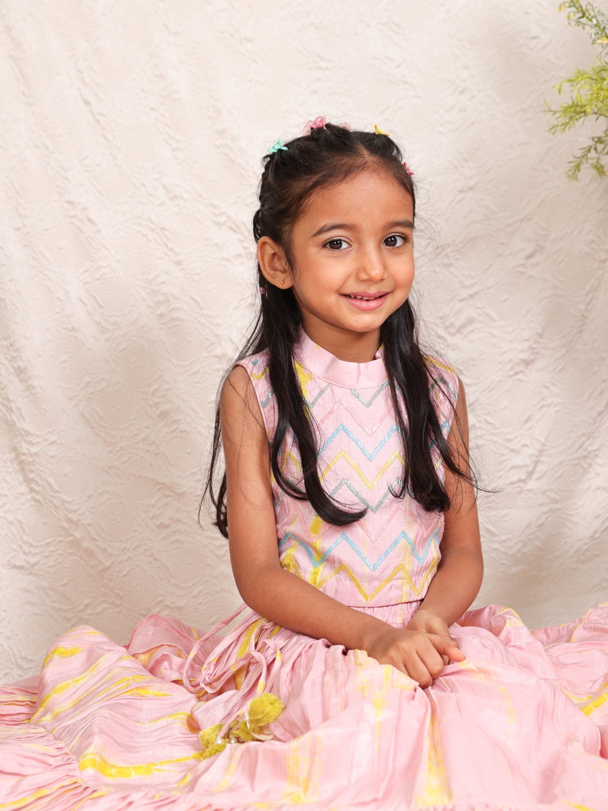 Candy Pink and Yellow Shiboree Top with Cut Dana Work and Ghaghra