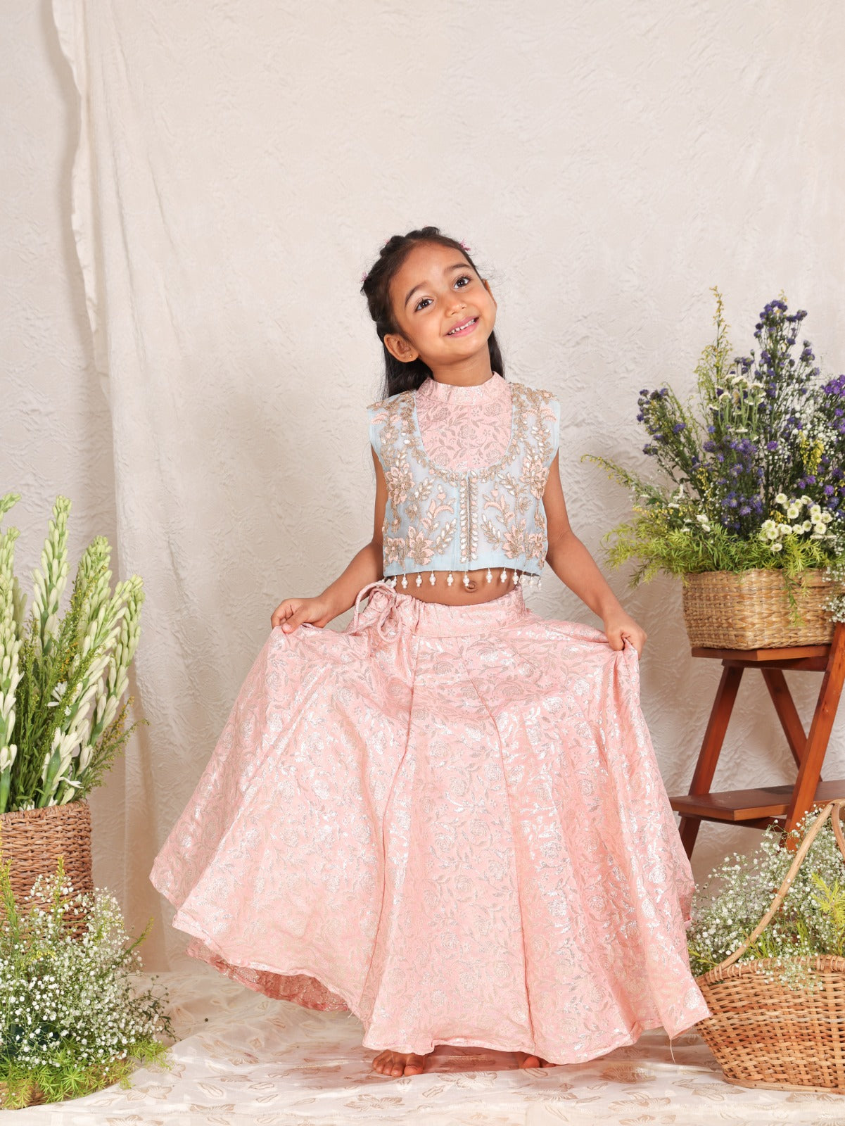 Powder Blue Heavy Embroidered Jacket with Pink Rose Brocade Ghaghra and Blouse