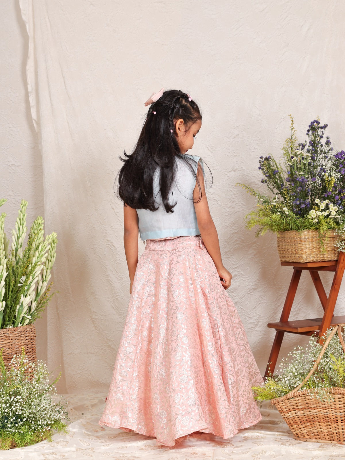 Powder Blue Heavy Embroidered Jacket with Pink Rose Brocade Ghaghra and Blouse