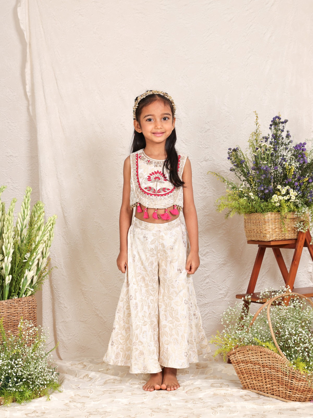 Thread And Zari Embroidered Off White Brocade Top And Flare Pant
