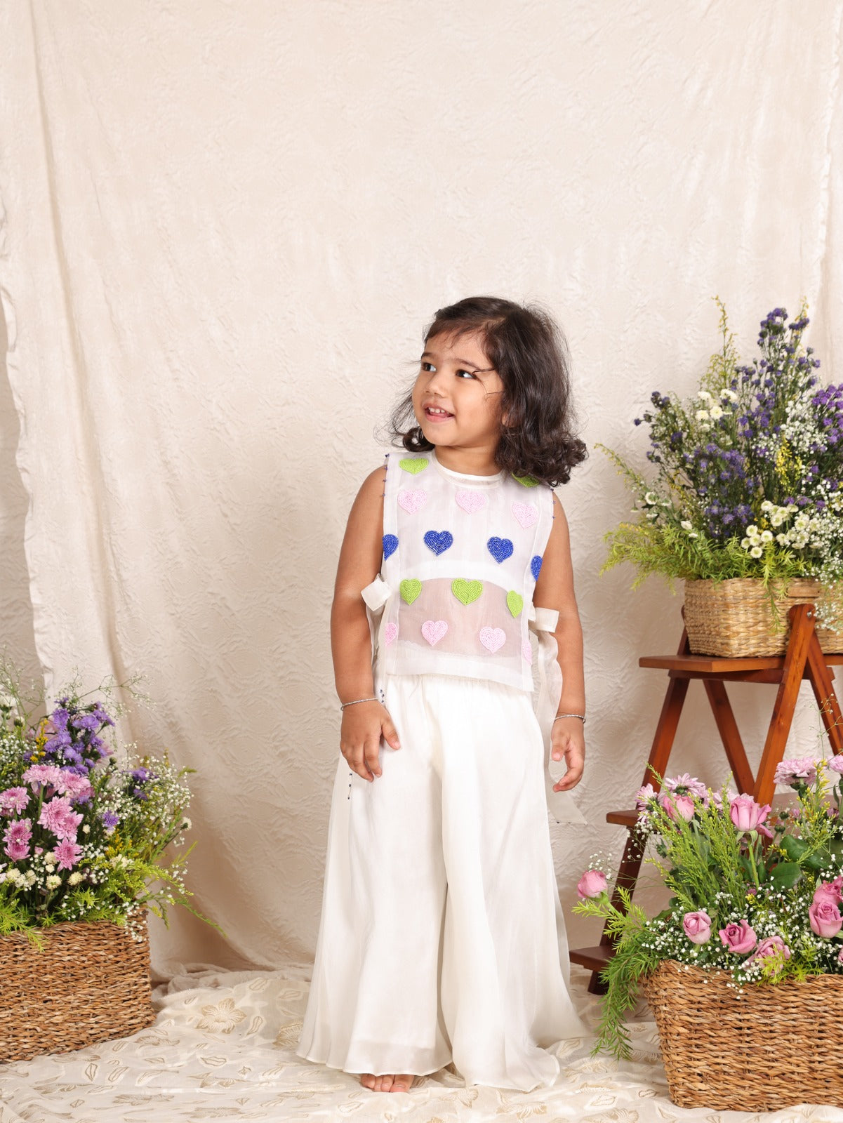 Multicolour Beads Heart Embroidered Off White Bib With Inner Top and Flare Pant