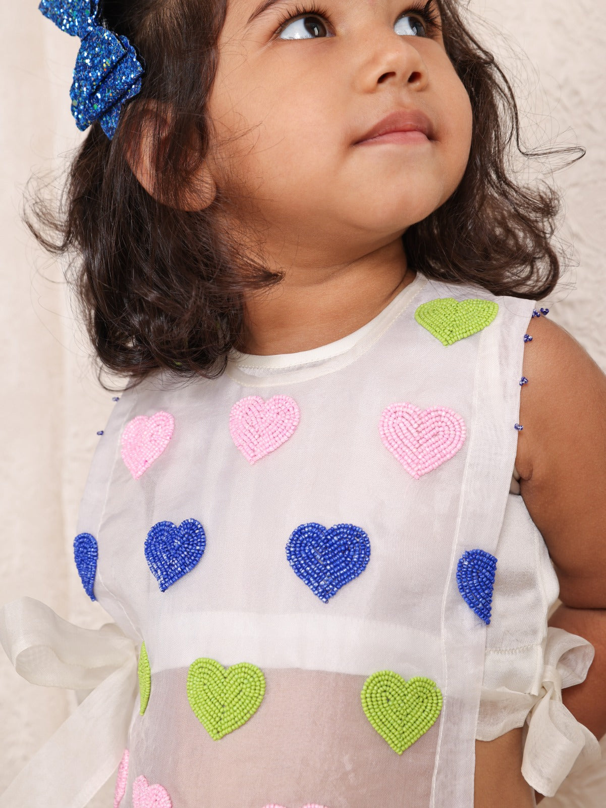 Multicolour Beads Heart Embroidered Off White Bib With Inner Top and Flare Pant