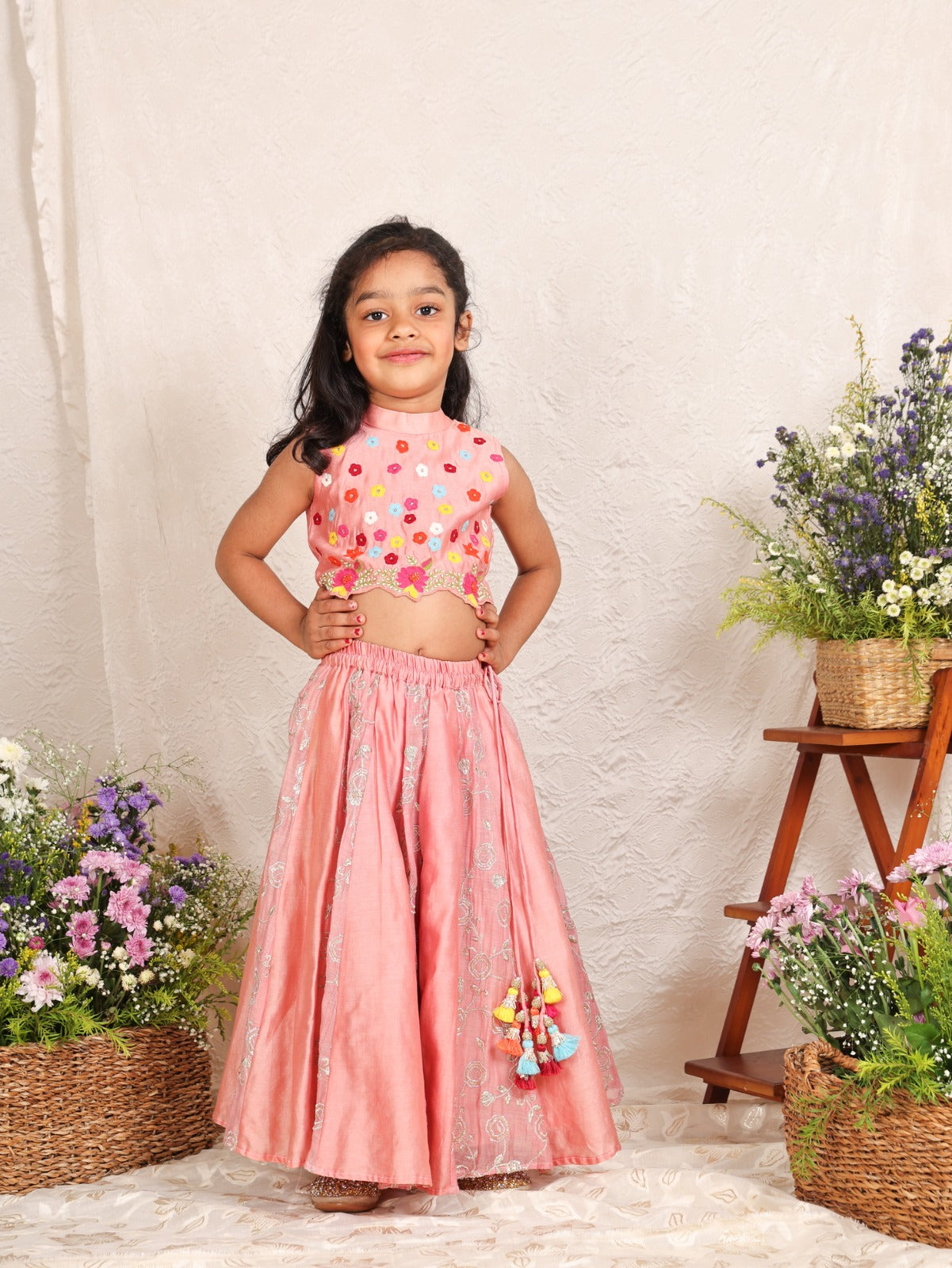 Multicolour Flower Embroidered Peach Top and Ghaghra