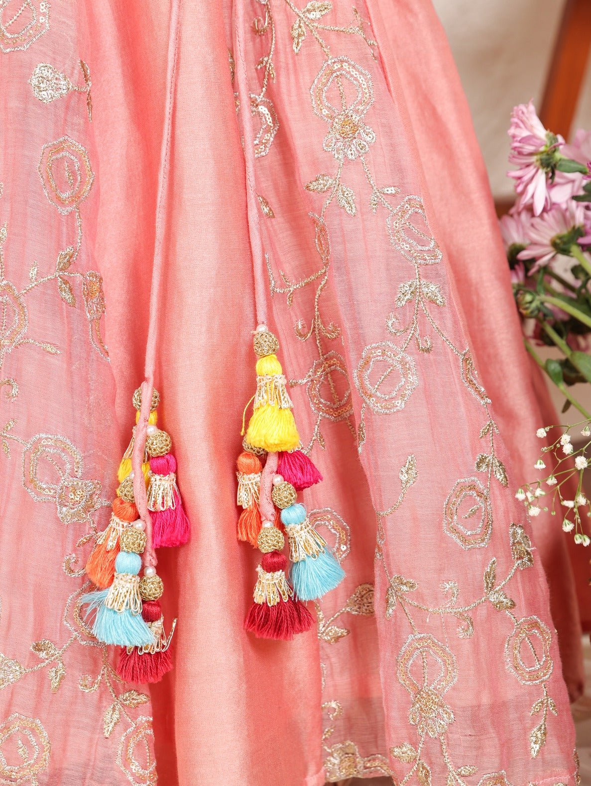 Multicolour Flower Embroidered Peach Top and Ghaghra