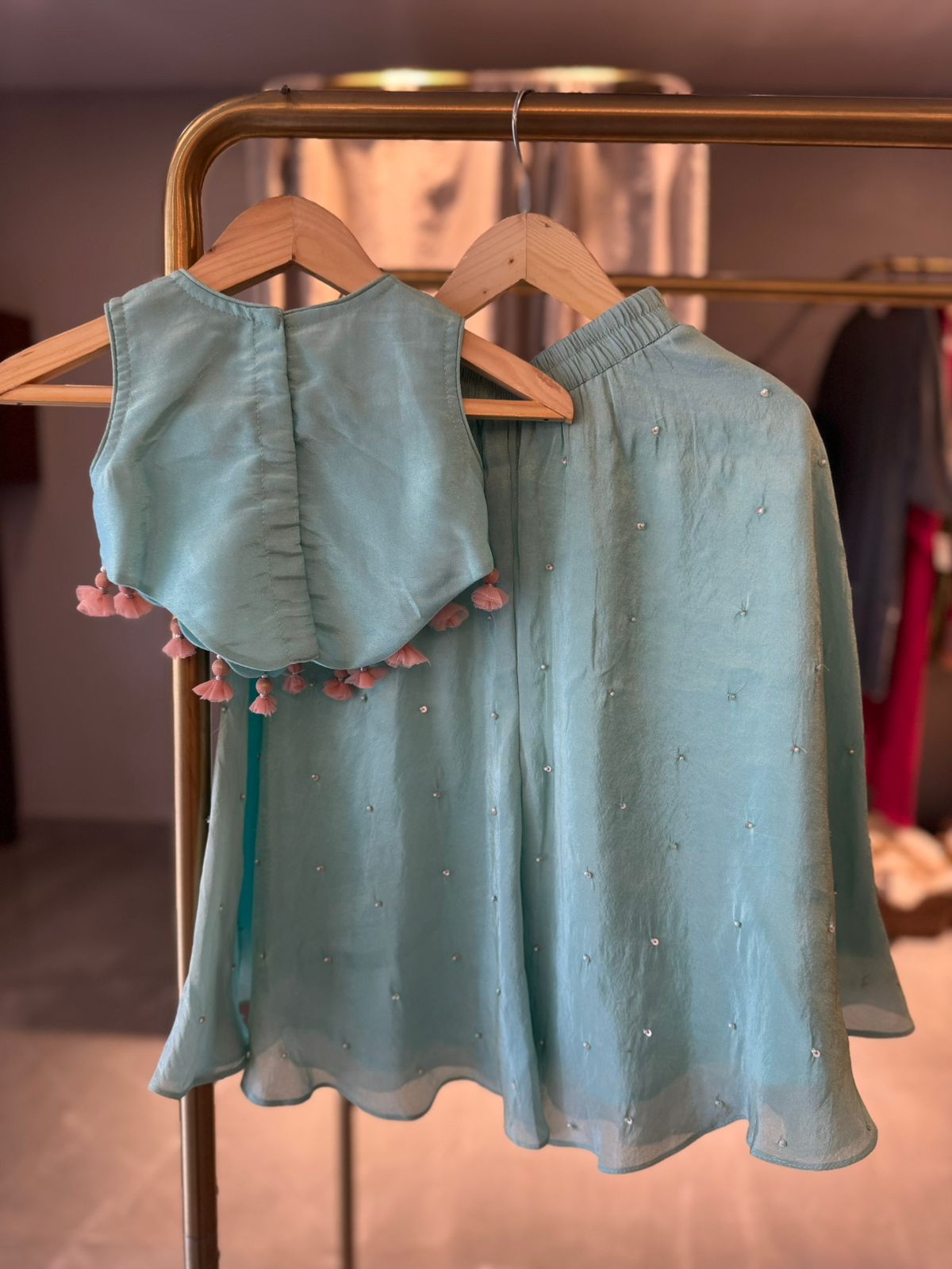 Turquoise Zari and Thread Embroidered Top and Sequins Scattered Flare Pant