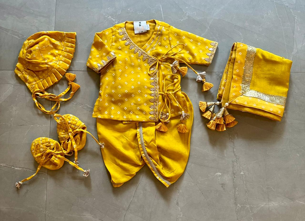 Mustard Bandhej Jaamna Set For Boys
