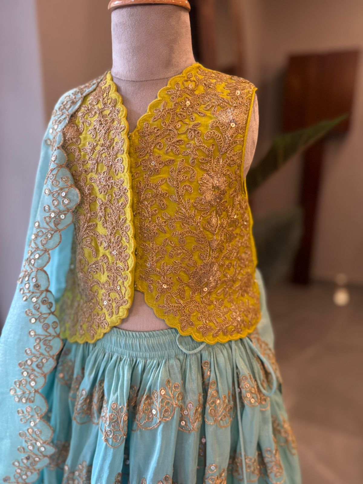 Lime Green Zari Embroidered Waistcoat Style Top and Sea Green Ghaghra With Dupatta