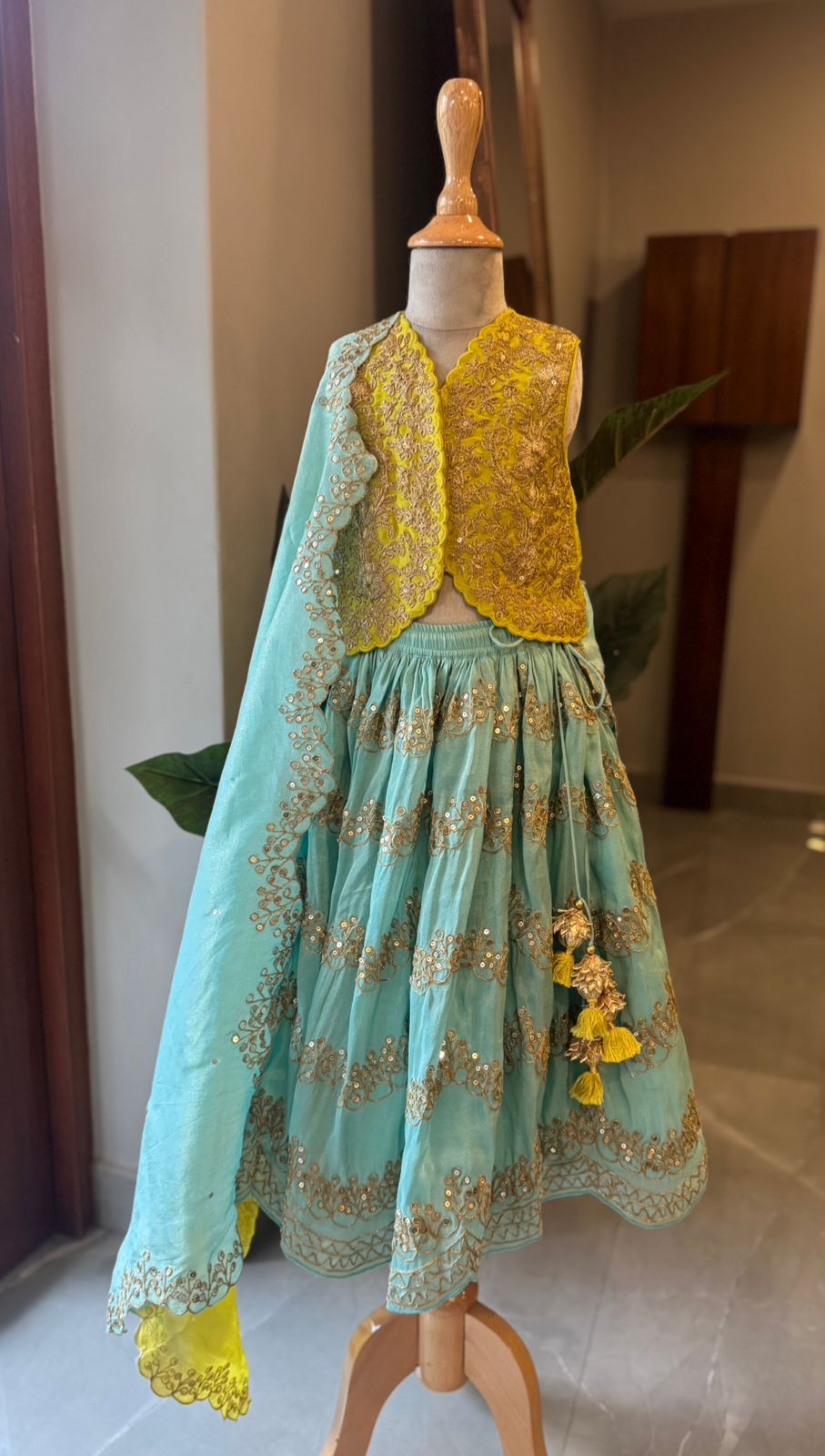 Lime Green Zari Embroidered Waistcoat Style Top and Sea Green Ghaghra With Dupatta