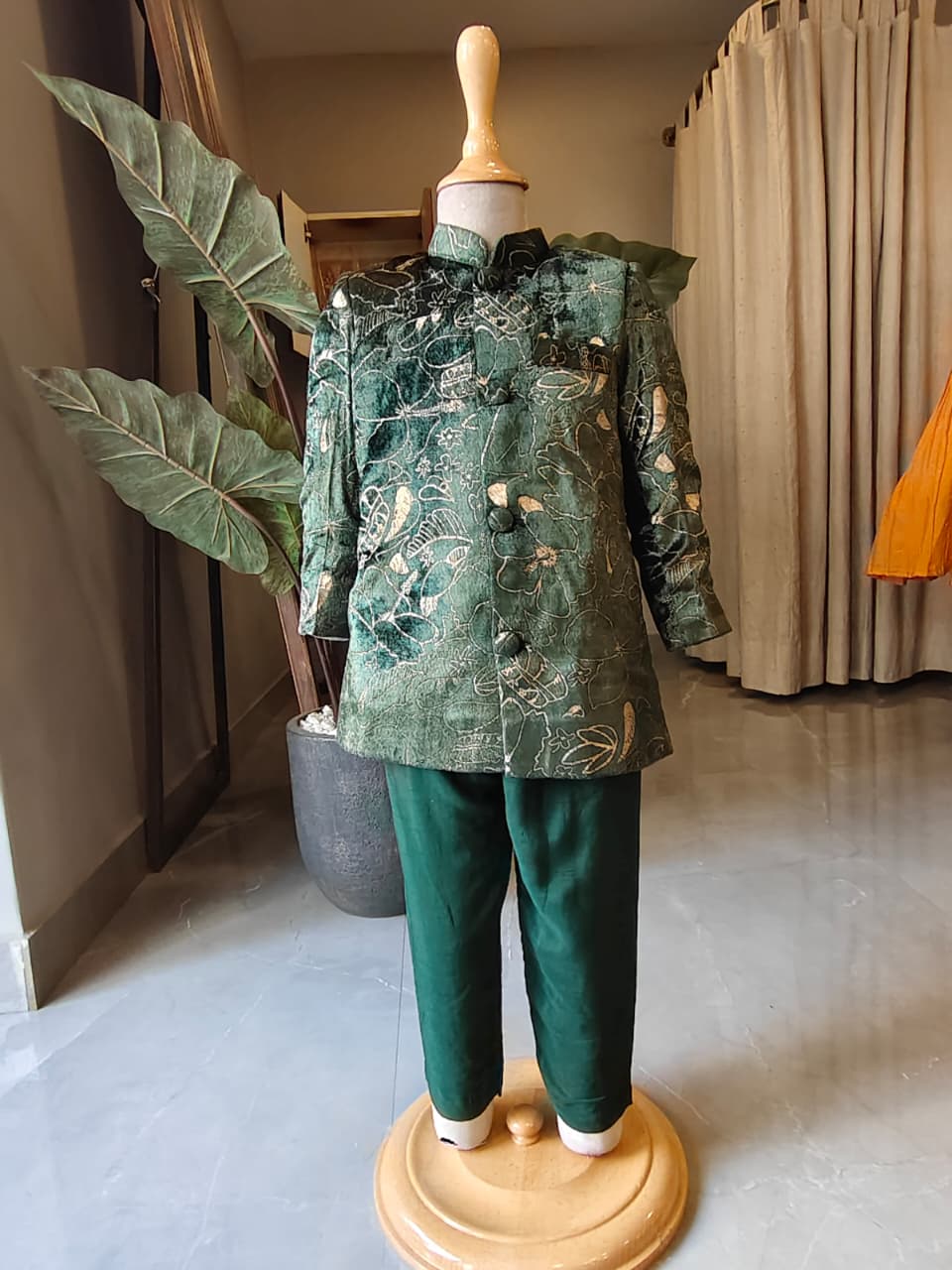 BOTTLE GREEN EMBROIDERED VELVET SHERWANI for 2 Years Old