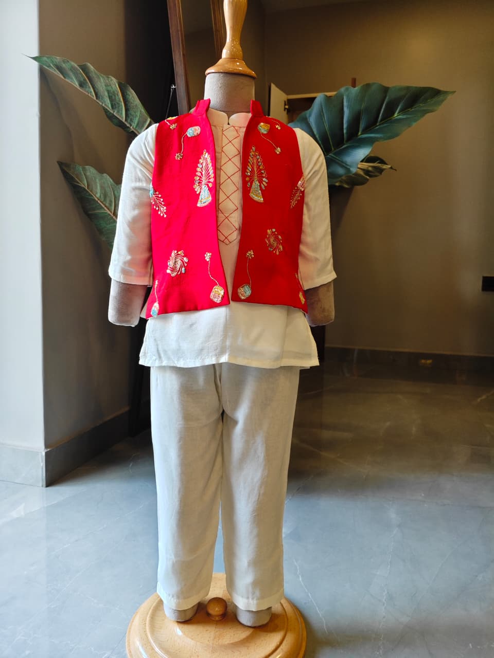 RED PATAKA JACKET WITH OFF WHITE KURTA PANT for 1 Years Old