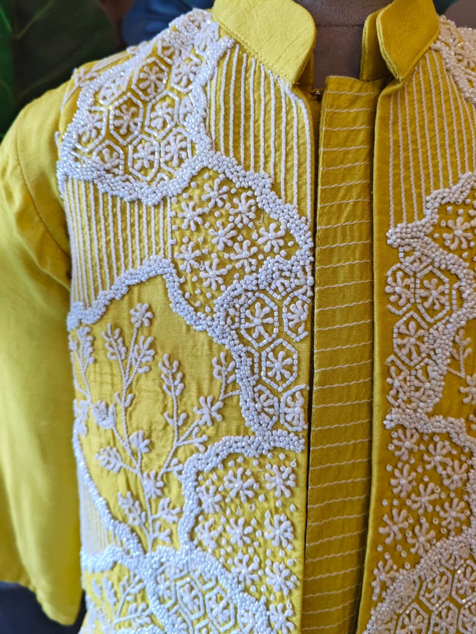 Lime Green Heavy Moti Embroidered Jacket with Kurta and Pant