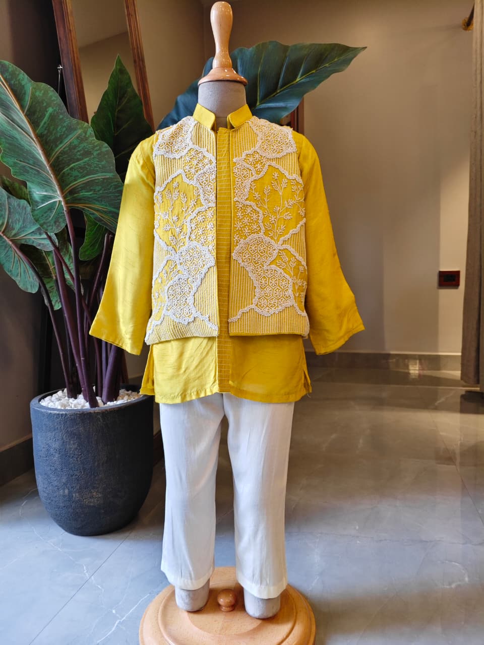 Lime Green Heavy Moti Embroidered Jacket with Kurta and Pant