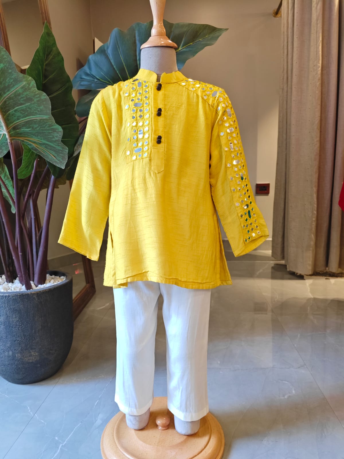 YELLOW MIRROR WORK KURTA AND PANT for 2 Years Old