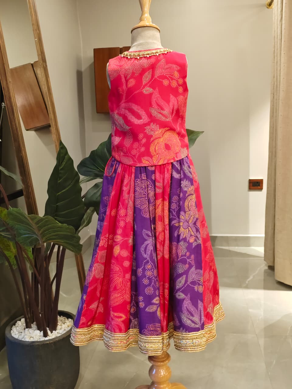 PINK PRINTED JACKET STYLE TOP WITH PURPLE AND PINK SAVRON KALI GHAGARA