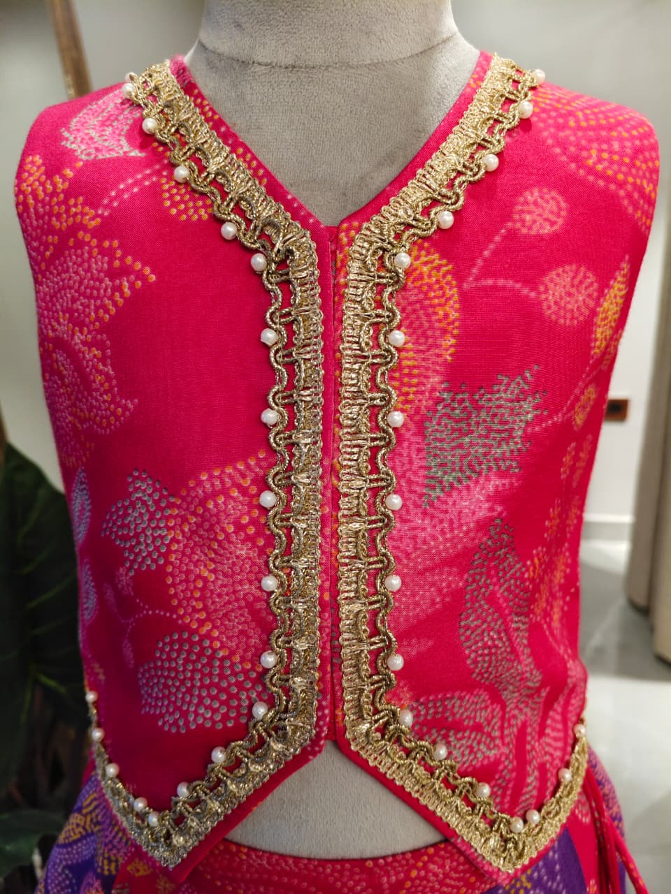 PINK PRINTED JACKET STYLE TOP WITH PURPLE AND PINK SAVRON KALI GHAGARA