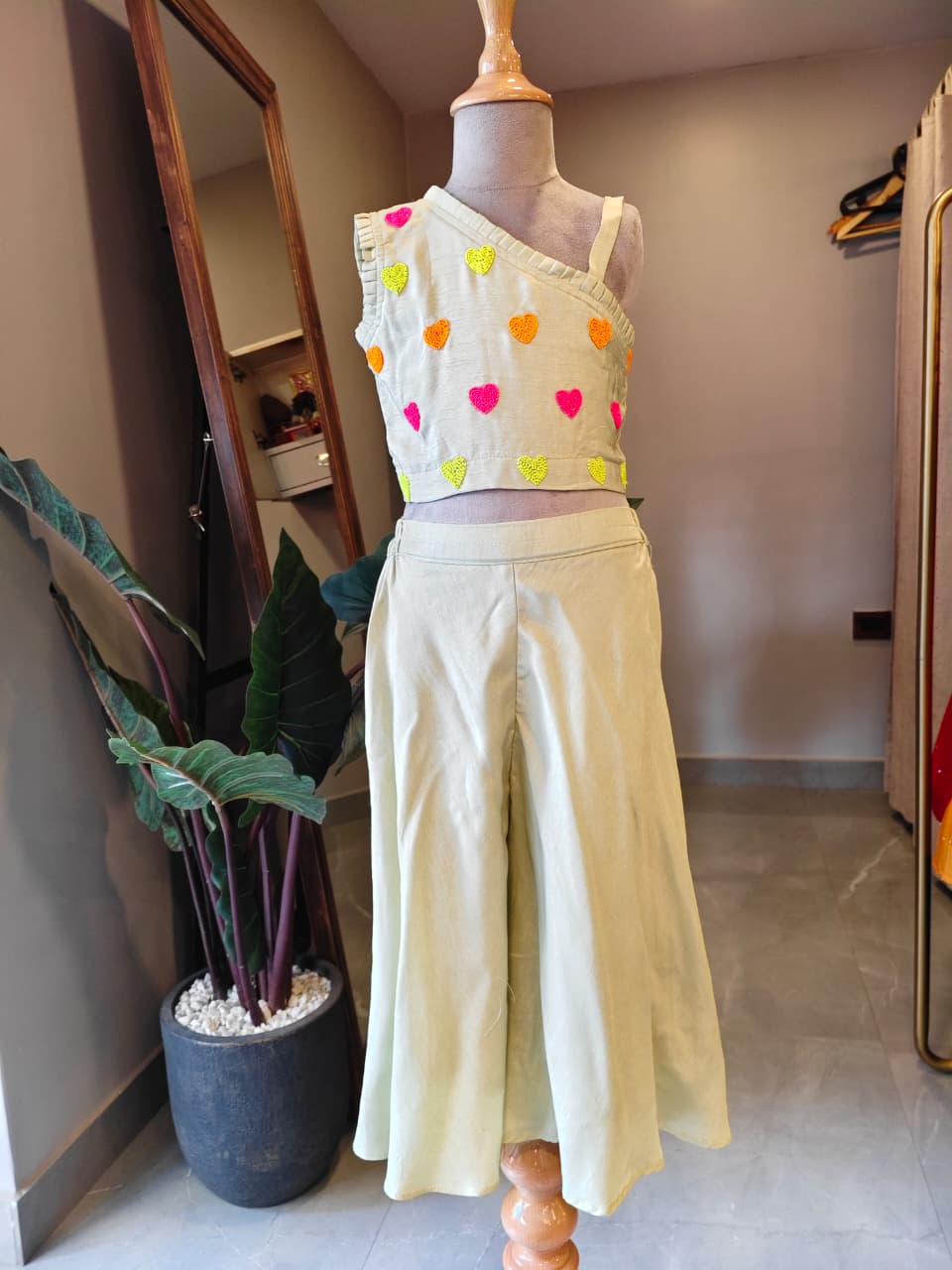 MULTICOLOUR HEART EMBROIDERED PISTA GREEN ONE SHOULDER TOP & FLARE PANT for 2 Years Old