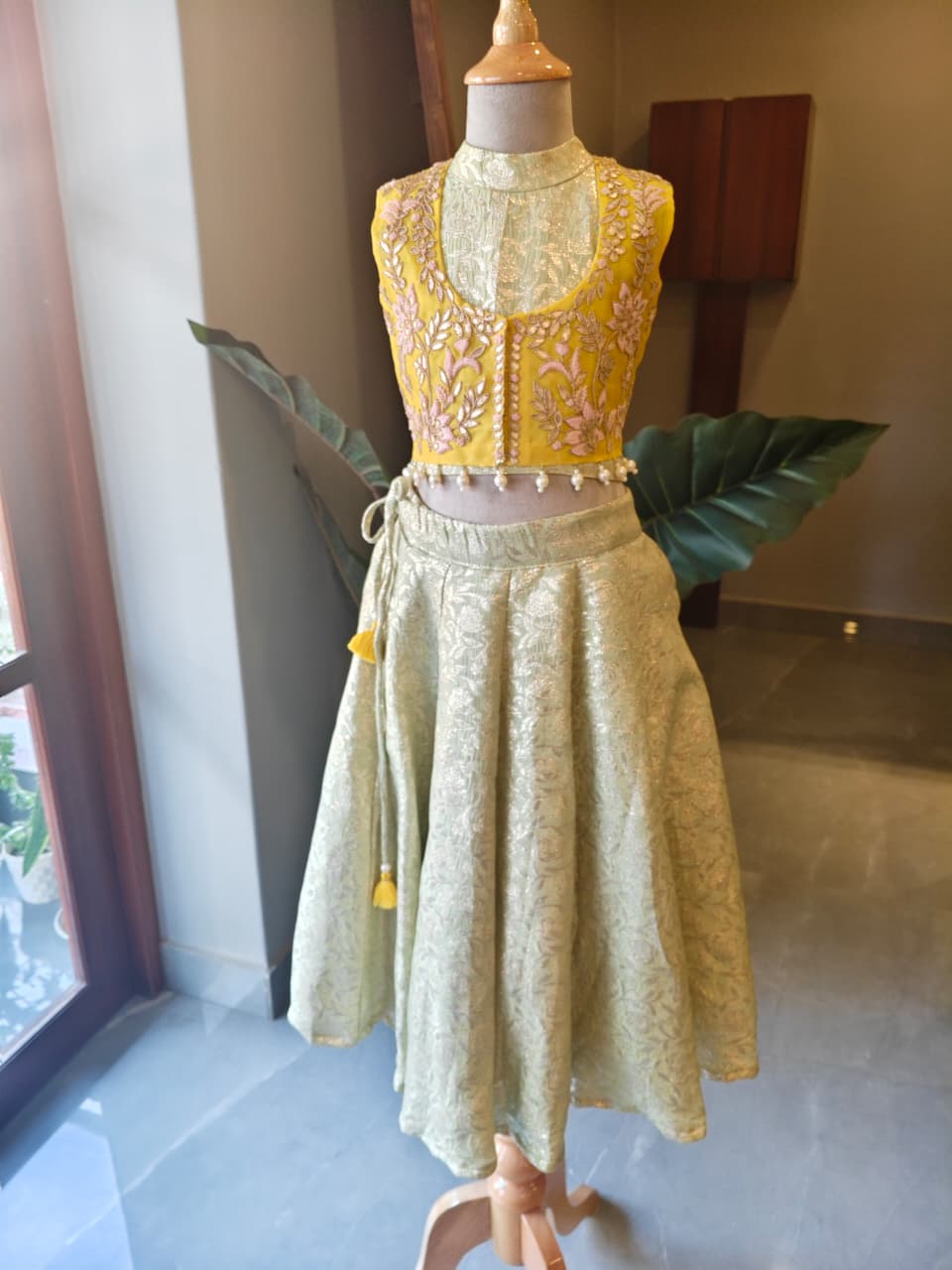 YELLOW HEAVY EMBROIDERED JACKET WITH PISTA GREEN BROCADE GHAGHRA BLOUSE for 6 and 7 Years Old