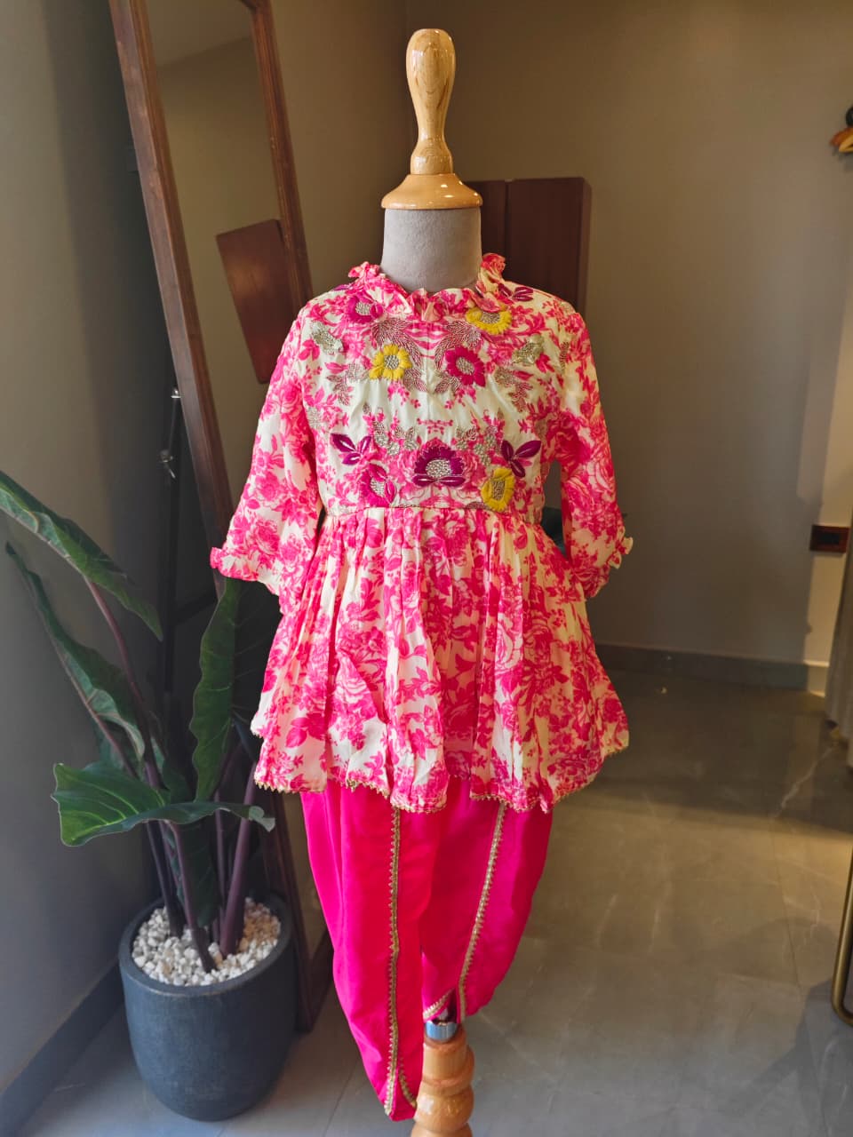 PINK ROSE PRINTED PEPLUM & PINK DHOTI