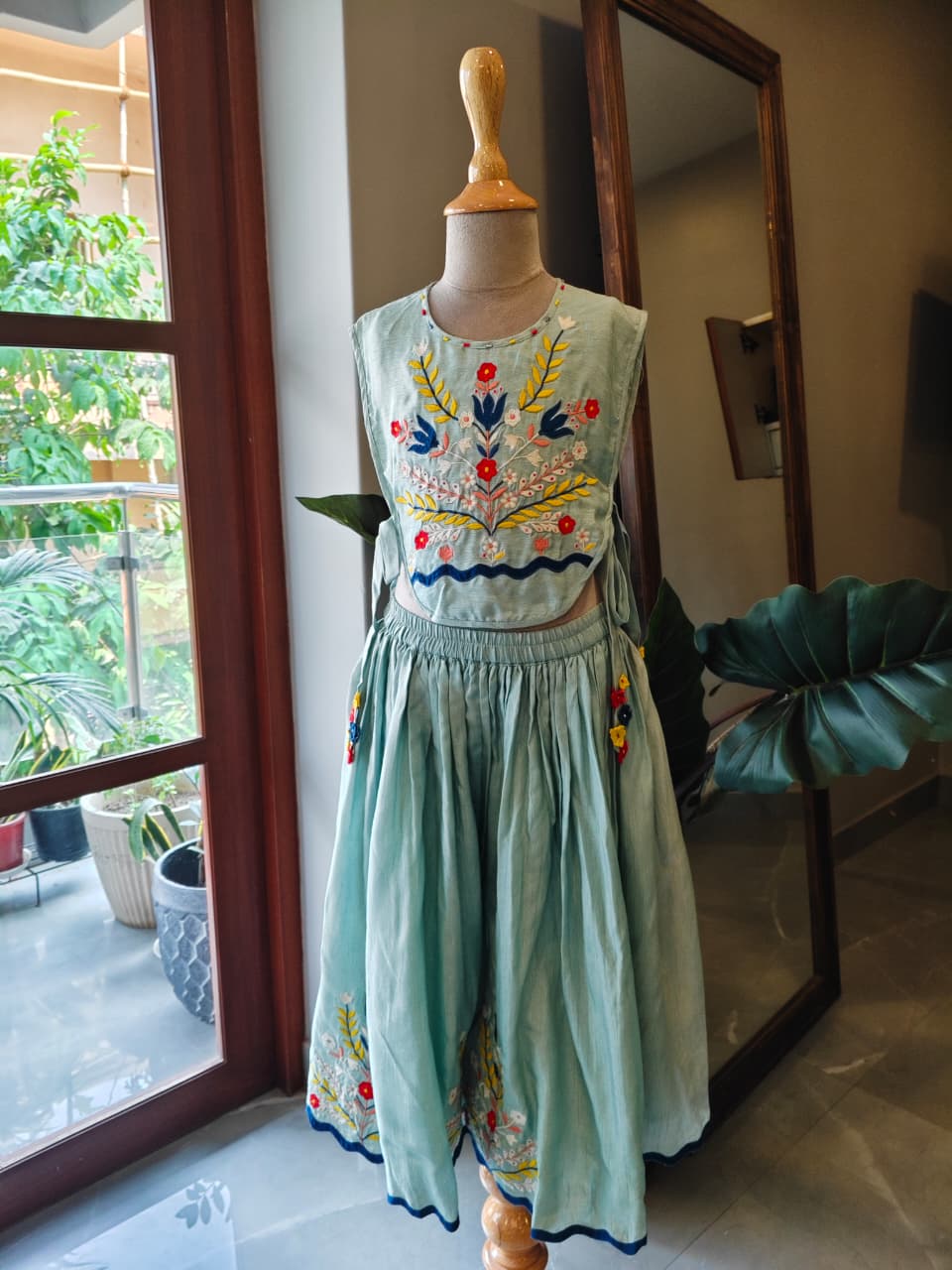 MULTICOLOUR THREAD EMBROIDERED & APPLIQUE BLUE BIB & FLARE PANT